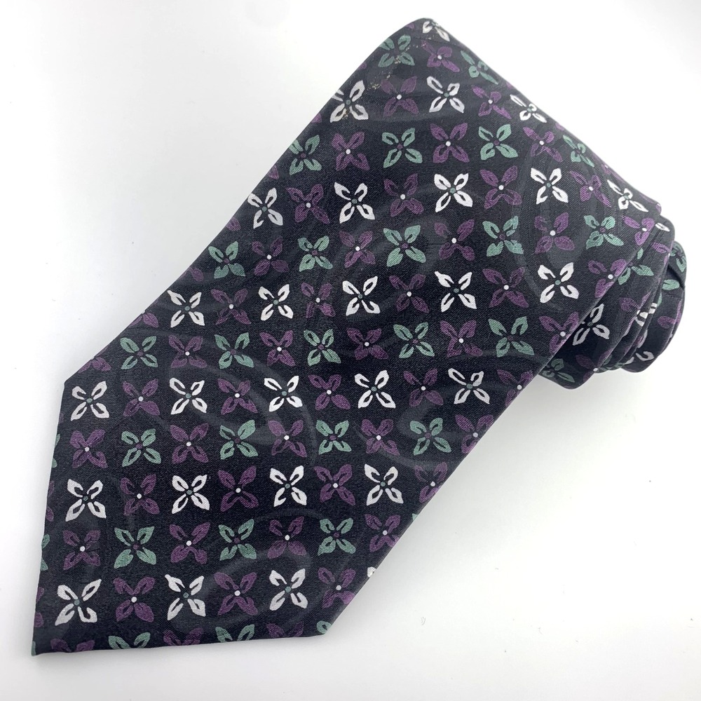Christian Dior Monsieur Mens Tie Black & Purple Floral Pattern 100% Silk Necktie